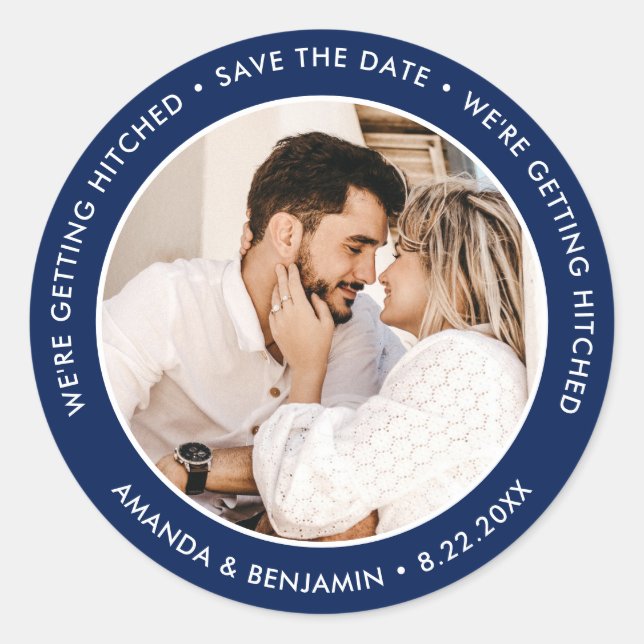 Navy Blue Modern Photo Wedding Save The Date Classic Round Sticker (Front)