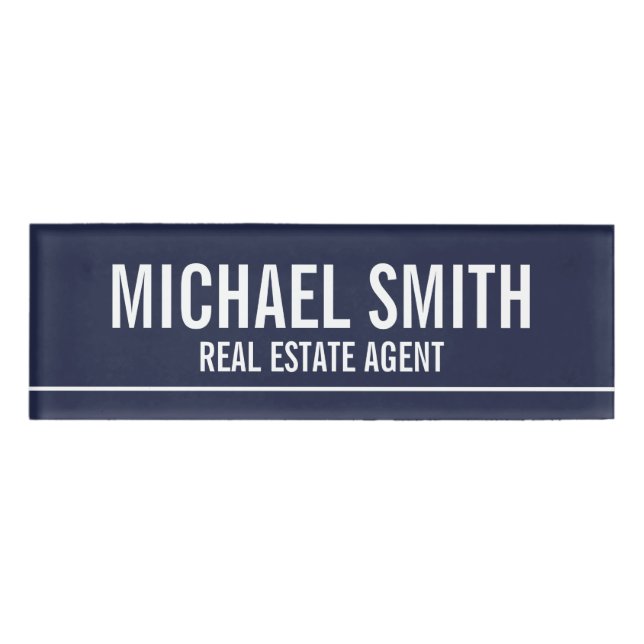 Navy Blue Modern Professional Personalized Name Tag (Front)