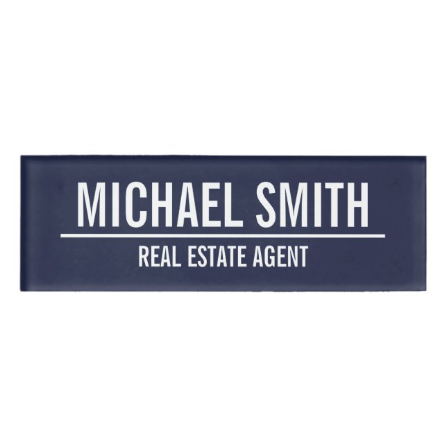 Navy Blue Modern Professional Personalized Name Tag (Front)
