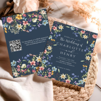 Navy Blue Modern QR Code Wildflower Wedding Invitation