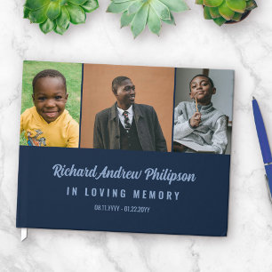 Navy Blue Modern Script 3 Photos In Loving Memory Guest Book
