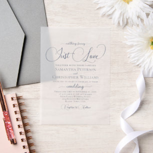 Navy Blue Modern Script Just Love Wedding Vellum Invitations