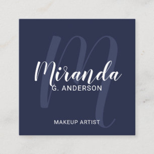 Navy Blue Modern Script Monogram and Name Square Business Card