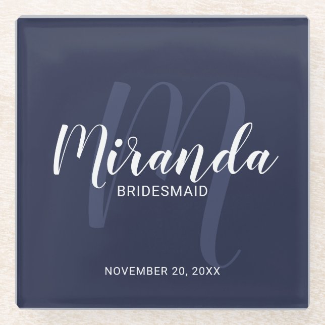 Navy Blue Modern Script Personalized Bridesmaids Glass Coaster (Front)