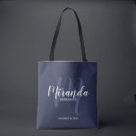 Navy Blue Modern Script Personalized Bridesmaids Tote Bag<br><div class="desc">Add a personal touch to your wedding with personalized bridesmaids gift tote bag. This tote bag features personalized bridesmaid's name in white modern script font style and monogram in light navy blue modern script font style as background with title and wedding date in white modern sans serif font style on...</div>