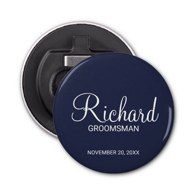 Navy Blue Modern Script Personalized Groomsman Bottle Opener (Front)