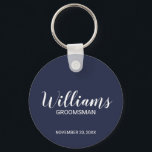Navy blue Modern Script Personalized Groomsman Keychain<br><div class="desc">Personalized Groomsman Gifts
featuring personalized groomsman's name in white modern script font style with title and wedding date in modern sans serif font style on navy blue background.

Also perfect for best man,  father of the bride,  bridesmaid,  maid of honour,  mother of the bride and more.</div>