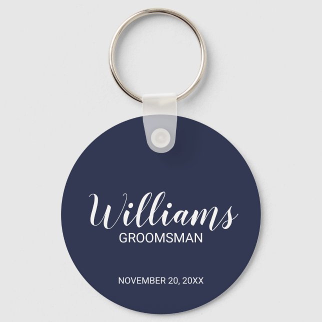Navy blue Modern Script Personalized Groomsman Keychain (Front)