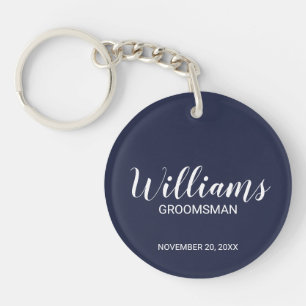 Navy Blue Modern Script Personalized Groomsman Keychain