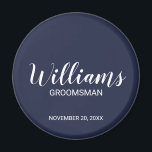 Navy Blue Modern Script Personalized Groomsman Magnet<br><div class="desc">Personalized Groomsman Gifts
featuring personalized groomsman's name in white modern script font style with title and wedding date in modern sans serif font style on navy blue background.

Also perfect for best man,  father of the bride,  bridesmaid,  maid of honour,  mother of the bride and more.</div>