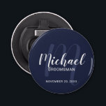 Navy Blue Modern Script Personalized Groomsmen Bottle Opener<br><div class="desc">Add a personal touch to your wedding with personalized groomsmen bottle opener. This bottle opener features personalized groomsmen's name in white modern script font style and monogram in light navy blue modern script font style as background with title and wedding date in white modern sans serif font style on navy...</div>