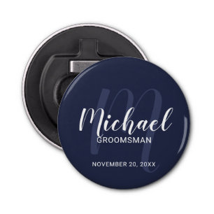 Navy Blue Modern Script Personalized Groomsmen Bottle Opener