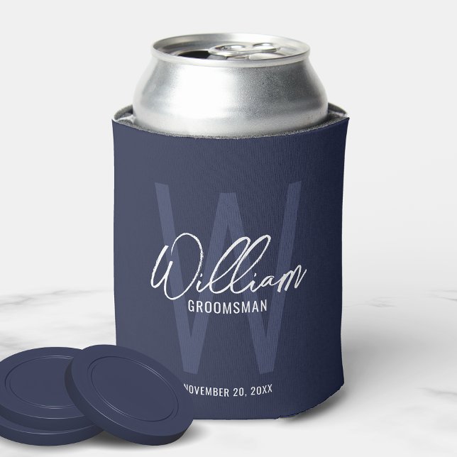 Navy Blue Modern Script Personalized Groomsmen Can Cooler (Creator Uploaded)