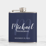Navy Blue Modern Script Personalized Groomsmen Hip Flask<br><div class="desc">Add a personal touch to your wedding with personalized groomsmen flask. This flask features personalized groomsmen's name in white modern script font style and monogram in light blue modern script font style as background with title and wedding date in white modern sans serif font style on navy blue background. Also...</div>