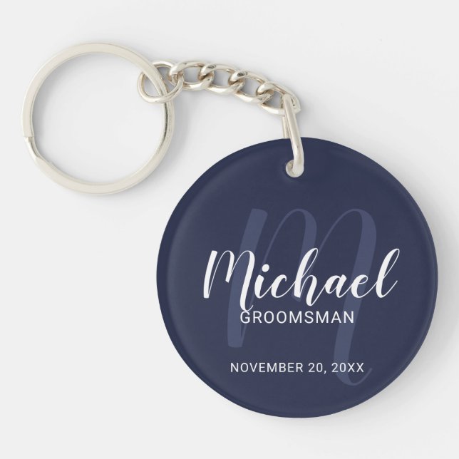 Navy Blue Modern Script Personalized Groomsmen Keychain (Front)