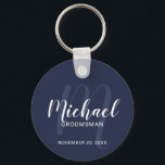 Navy Blue Modern Script Personalized Groomsmen Keychain<br><div class="desc">Add a personal touch to your wedding with personalized groomsmen keychain. This keychain features personalized groomsmen's name in white modern script font style and monogram in light navy blue modern script font style as background with title and wedding date in white modern sans serif font style on navy blue background....</div>