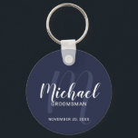 Navy Blue Modern Script Personalized Groomsmen Keychain<br><div class="desc">Add a personal touch to your wedding with personalized groomsmen keychain. This keychain features personalized groomsmen's name in white modern script font style and monogram in light navy blue modern script font style as background with title and wedding date in white modern sans serif font style on navy blue background....</div>