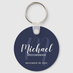 Navy Blue Modern Script Personalized Groomsmen Keychain