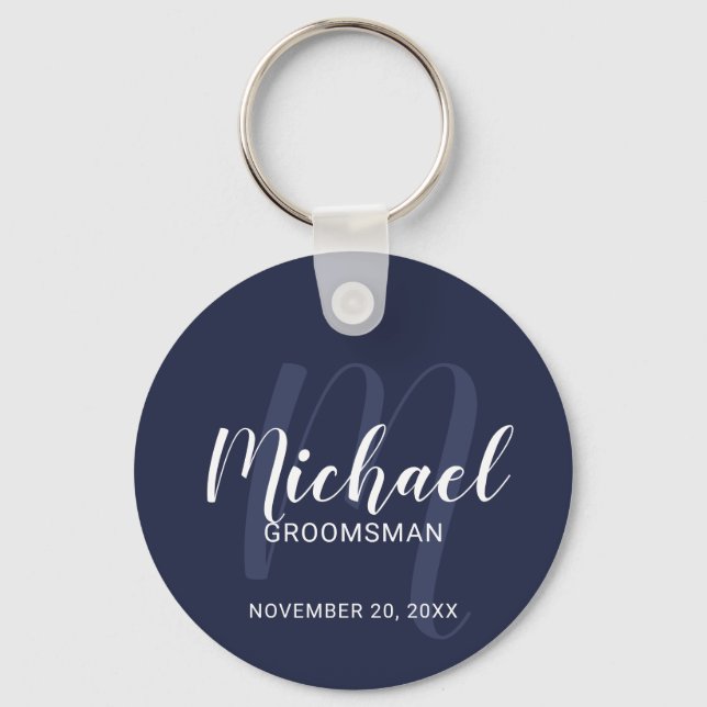 Navy Blue Modern Script Personalized Groomsmen Keychain (Front)