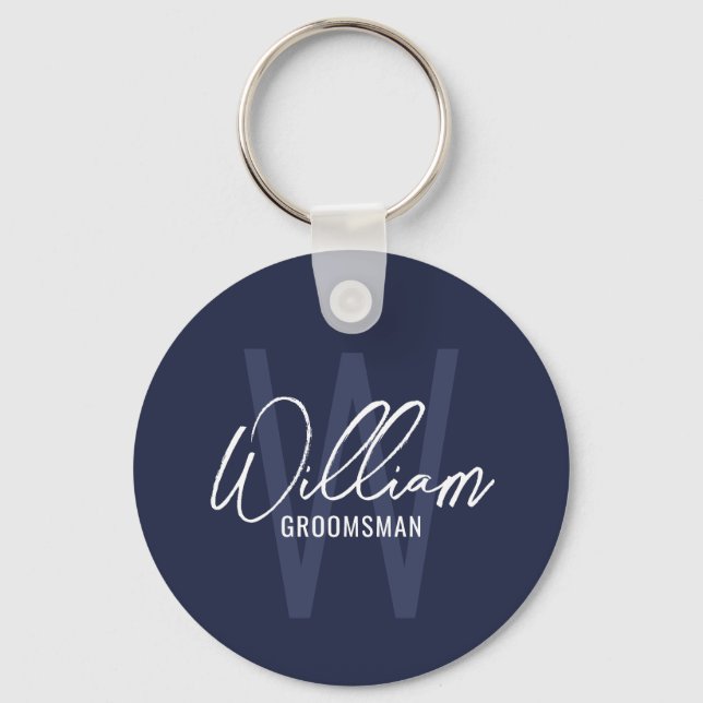 Navy Blue Modern Script Personalized Groomsmen Keychain (Front)