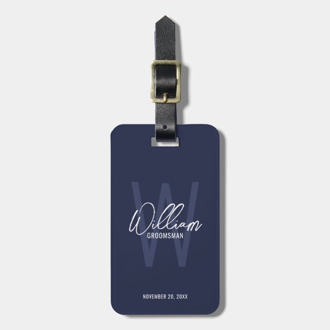 Navy Blue Modern Script Personalized Groomsmen Luggage Tag (Front Vertical)