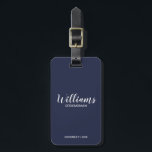 Navy Blue Modern Script Personalized Groomsmen Luggage Tag<br><div class="desc">Modern Script Personalized Groomsmen Luggage Tag
featuring personalized groomsman's name in white modern script font style with title and wedding date in modern sans serif font style on navy blue background.

Also perfect for Maid of Honour,  Flower Girl,  Mother of the Bride,  Groomsmen,  Best man and more.</div>
