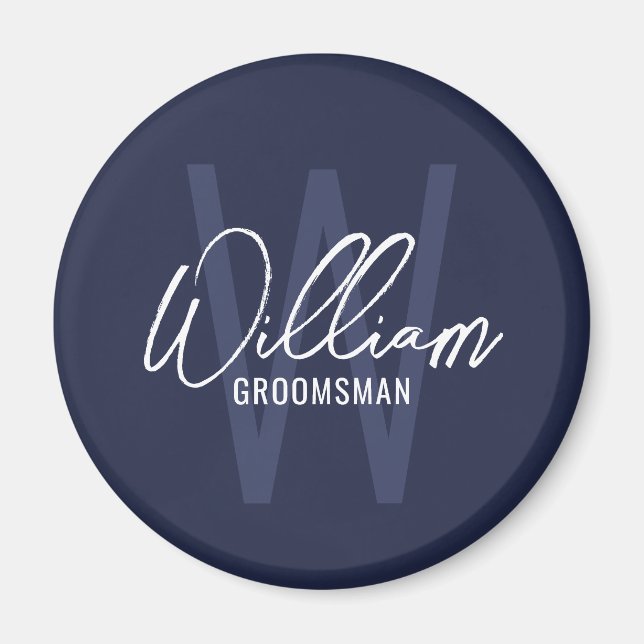 Navy Blue Modern Script Personalized Groomsmen Magnet (Front)