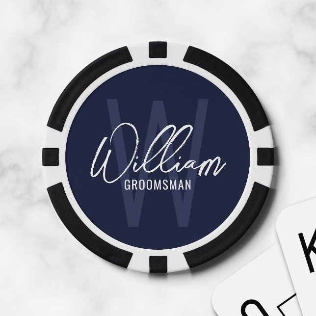 Navy Blue Modern Script Personalized Groomsmen Poker Chips (Creator Uploaded)