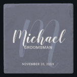 Navy Blue Modern Script Personalized Groomsmen Stone Coaster<br><div class="desc">Add a personal touch to your wedding with personalized groomsmen stone coaster. This coaster features personalized groomsmen's name in white modern script font style and monogram in light blue modern script font style as background with title and wedding date in white modern sans serif font style on navy blue background....</div>