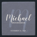 Navy Blue Modern Script Personalized Groomsmen Stone Coaster<br><div class="desc">Add a personal touch to your wedding with personalized groomsmen stone coaster. This coaster features personalized groomsmen's name in white modern script font style and monogram in light blue modern script font style as background with title and wedding date in white modern sans serif font style on navy blue background....</div>