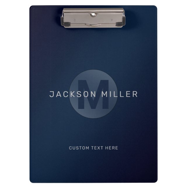 Navy blue modern simple personalized monogram clipboard (Front)