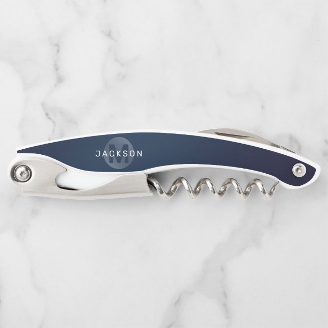 Navy blue modern simple personalized monogram corkscrew (Front)