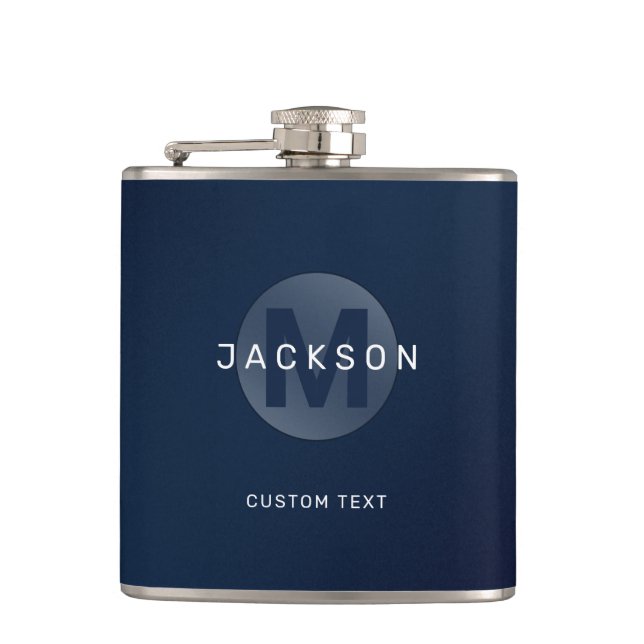 Navy blue modern simple personalized monogram hip flask (Front)