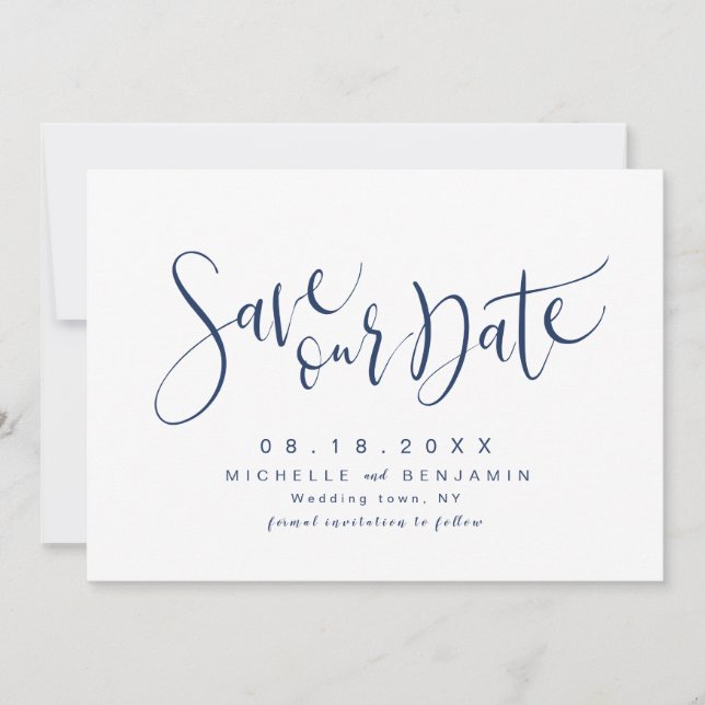 Navy Blue Modern Simple Script Save The Date (Front)