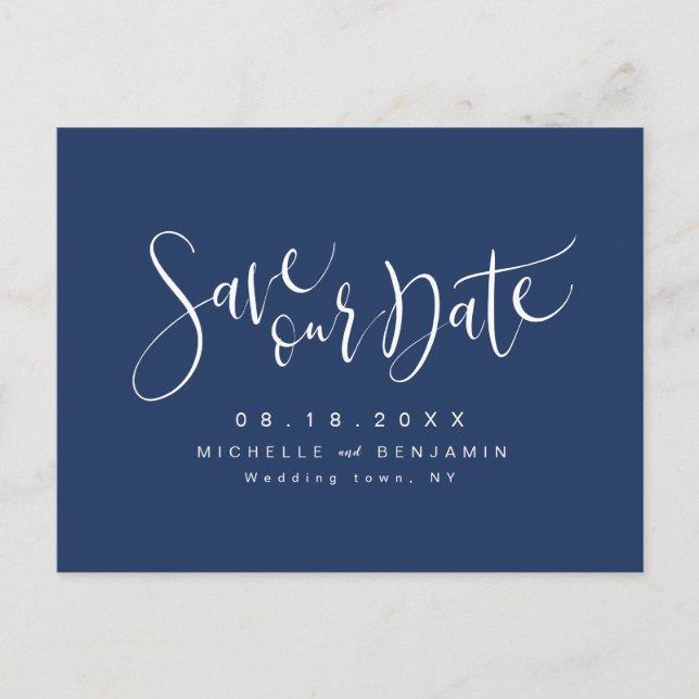 Navy Blue Modern Simple Script Save The Date Announcement Postcard (Front)