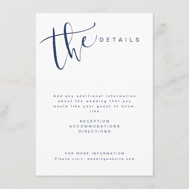 Navy Blue Modern Simple Script Wedding Details Enclosure Card (Front)