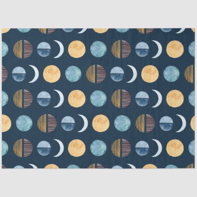 Navy Blue Modern Sun n Moon Abstract Decoupage Tissue Paper (Front)