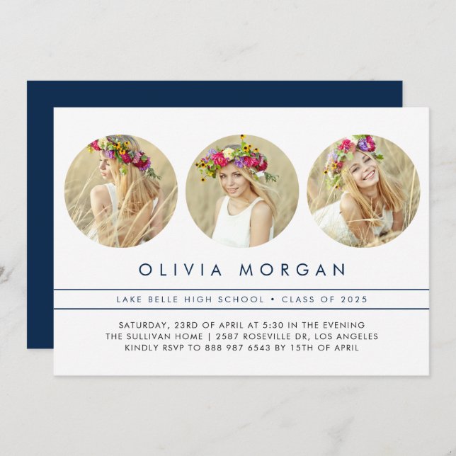 Navy Blue Modern Three Photo Collage Graduation Invitation (Front/Back)