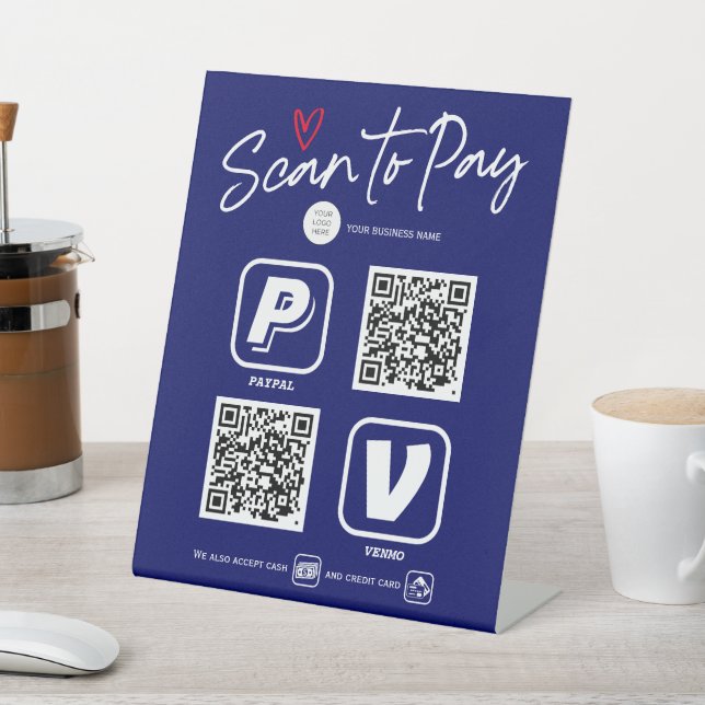 Navy Blue Modern Trendy script QR code scan to pay Pedestal Sign (In SItu)