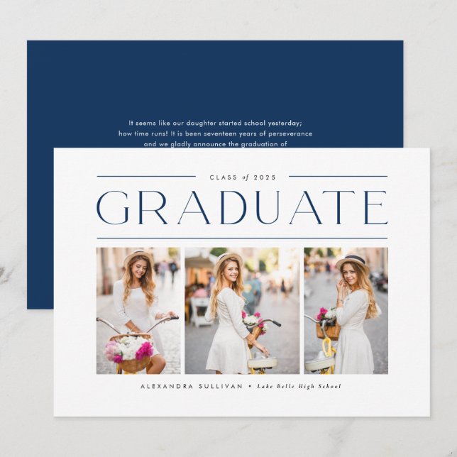 Navy Blue Modern Typography Three Photo Graduation Announcement (Front/Back)