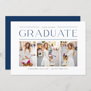 Navy Blue Modern Typography Three Photo Graduation Announcement