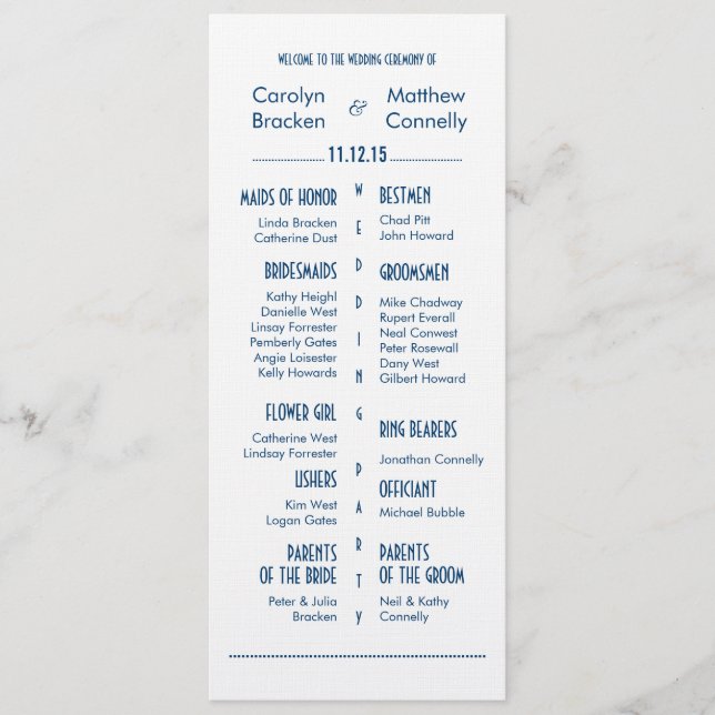 Navy Blue Modern Wedding Ceremony Program (Front)