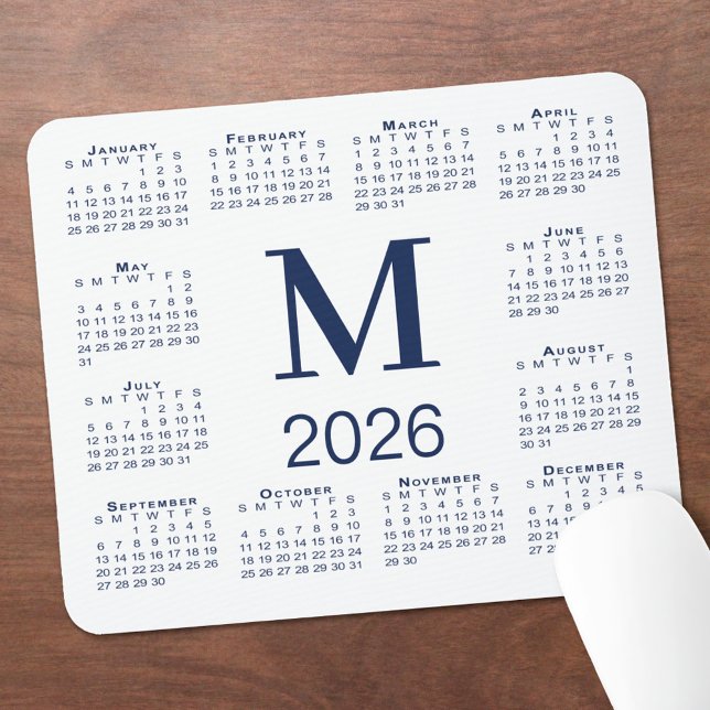 Navy Blue Monogram 2026 Calendar on White Mouse Pad (Navy Blue Monogram 2026 Calendar on White Mouse Pad, in situ)