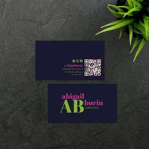 Navy Blue Monogram Bold Retro Font Social Media QR Business Card