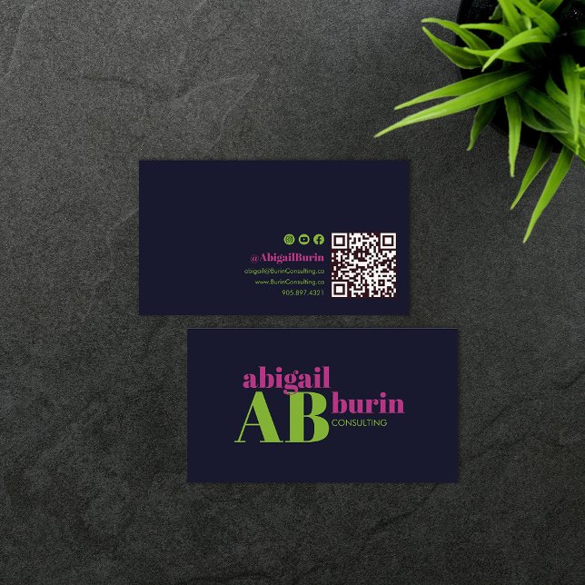 Navy Blue Monogram Bold Retro Font Social Media QR Business Card (Creator Uploaded)