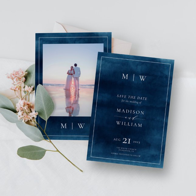 Navy Blue Monogram & Border Elegant Photo Save The Date (Creator Uploaded)
