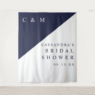 Navy Blue Monogram Bridal Shower Photo Backdrop Tapestry