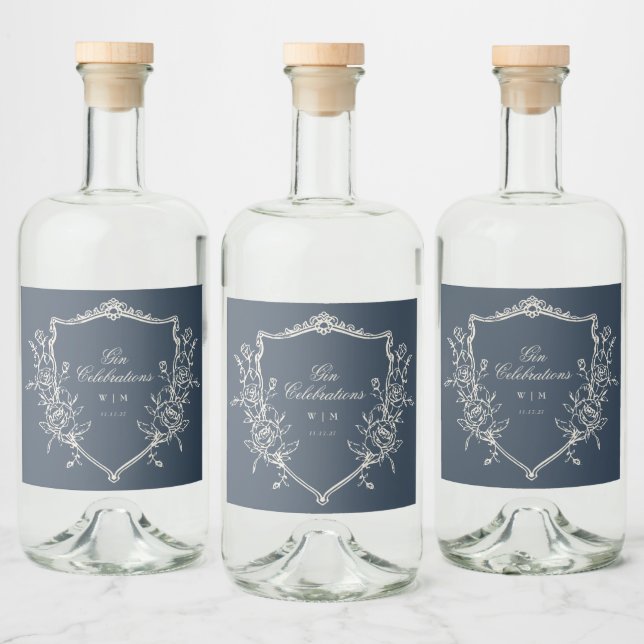 Navy Blue Monogram Crest Classic Elegant Wedding Liquor Bottle Label (Bottles)