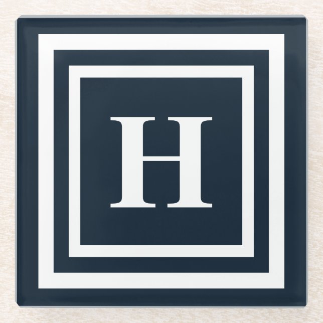 Navy Blue Monogram Glass Coaster (Front)