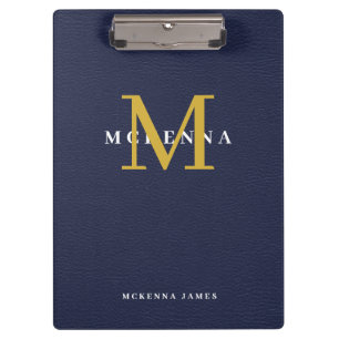 Navy Blue Monogram Gold Initial Faux Leather Clipboard